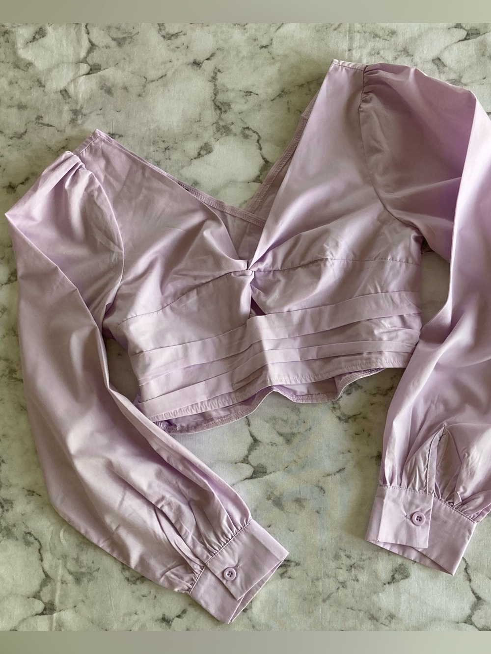 Nasty Gal Lilac pleated front long sleeve crop Top
